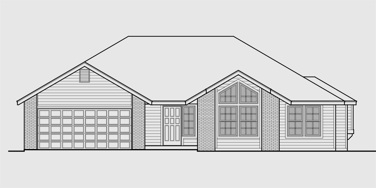 House front drawing elevation view for 5114 One Level House Plan 3 Bedroom, 2 Bath, 2 Car Garage 55 ft wide