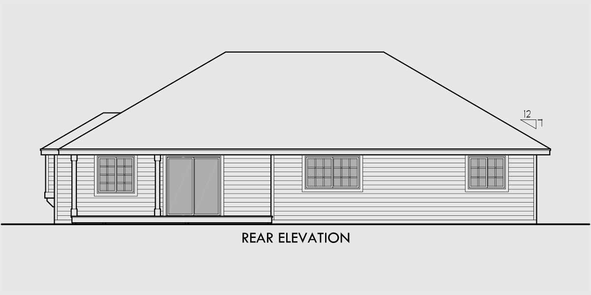 House side elevation view for 5114 One Level House Plan 3 Bedroom, 2 Bath, 2 Car Garage 55 ft wide