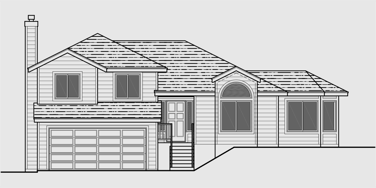 House front drawing elevation view for 7117 Split level house plans, house plans for sloping lots, 3 bedroom house plans