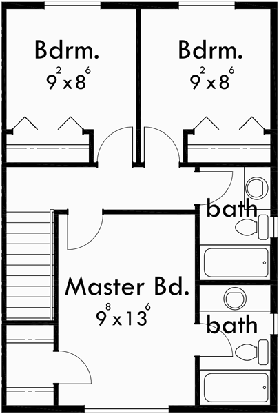 Upper Floor Plan for D-520 Duplex plans with basement, 3 bedroom duplex house plans, small duplex house plans, affordable duplex plans, d-520