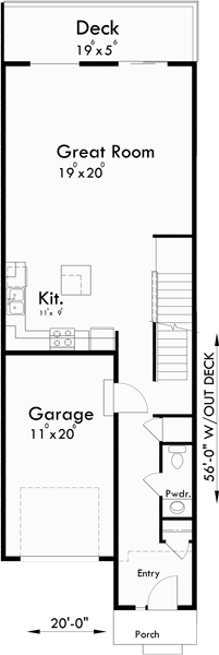Main Floor Plan for D-581 Duplex house plans with basement, 3 bedroom duplex house plans, narrow duplex plans, D-581
