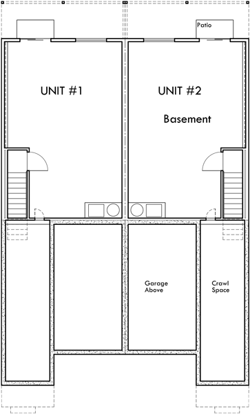 Lower Floor Plan 2 for Duplex house plans with basement, 3 bedroom duplex house plans, narrow duplex plans, D-581