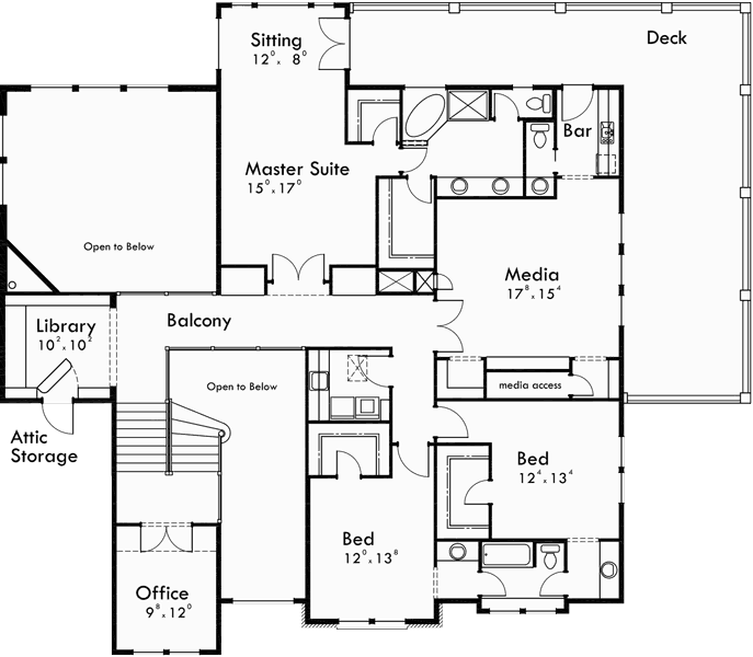 Upper Floor Plan for 10113 Luxury House Plans, Craftsman house plans, 4 bedroom house plans