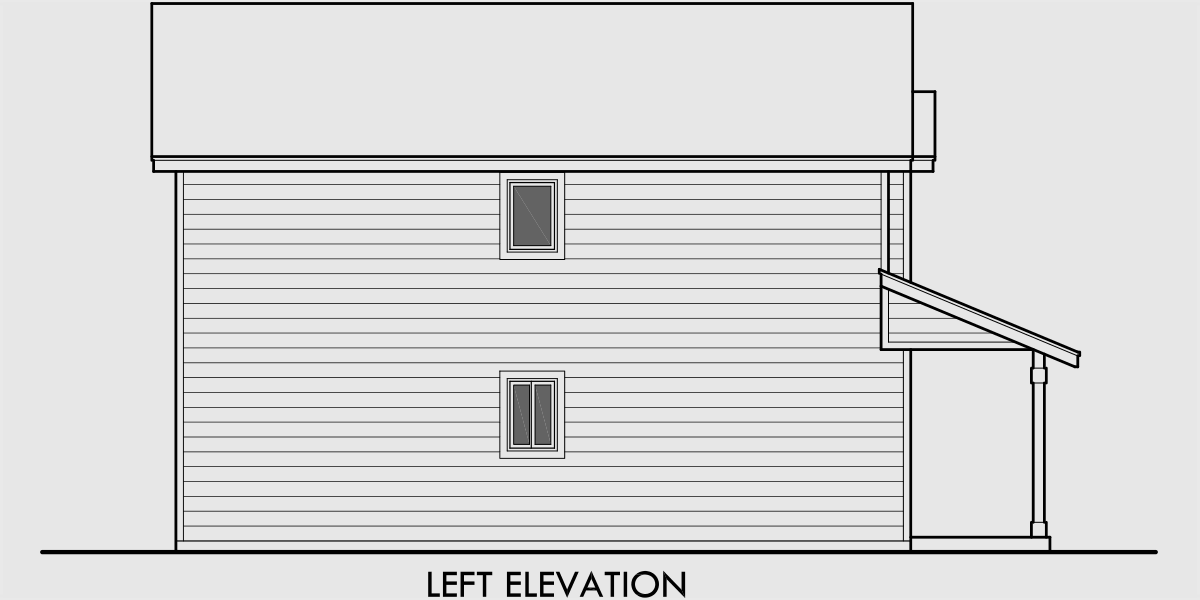 House side elevation view for 10124 Narrow lot house plans, 2 bedroom house plans, 2 story house plans, small house plans, 1flr, 10124b