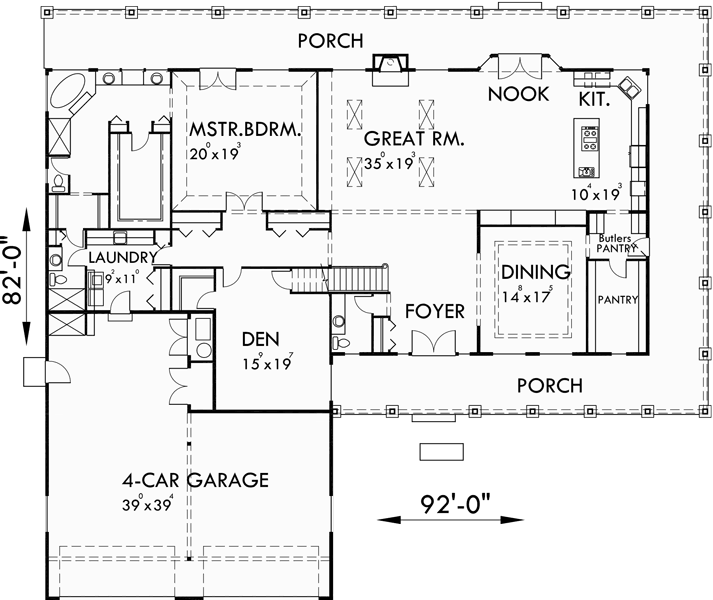Main Floor Plan for 10099 Farmhouse plans, A-frame house plans, country house plans, main floor master bedroom, 10099