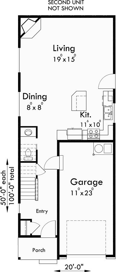 Main Floor Plan for D-589 Duplex house plans, back to back house plans, narrow house plans, D-589