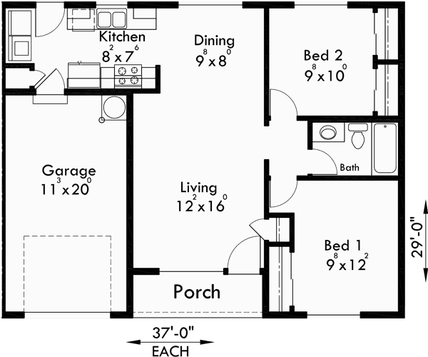 Ranch Duplex House Plan Covered Porch 2 Bedroom 1 Bath 1 Garage