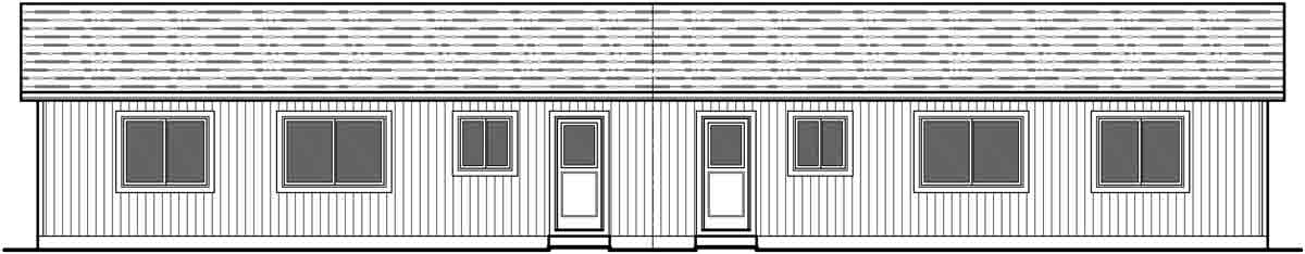 House front drawing elevation view for D-587 Duplex house plans, ranch duplex house plans, one level duplex house plans, one story duplex house plans, two bedroom duplex house plans, affordable duplex house plans, D-587