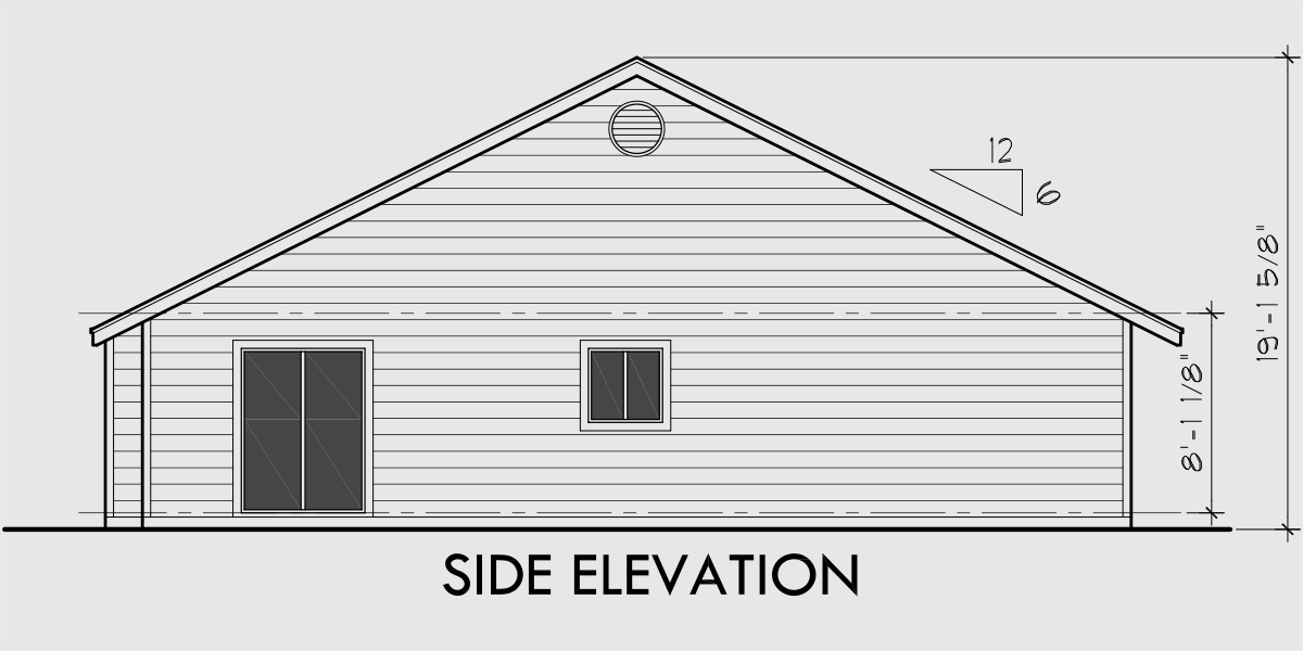 House side elevation view for D-583 One story duplex house plans, 2 bedroom duplex plans, duplex plans with garage, D-583b