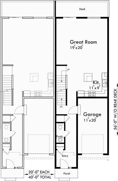 Main Floor Plan for D-582 Duplex house plans, walk out basement house plans, duplex house plans for sloping lots D-582