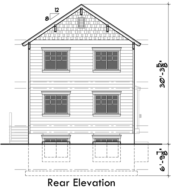 House rear elevation view for D-591 Multigenerational house plans, 8 bedroom house plans, house plans with apartment, ADU house plans, D-591, Airbnb rental