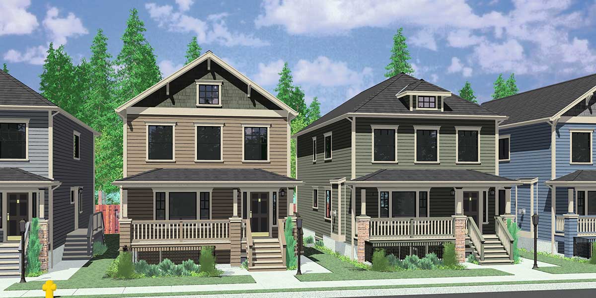 House front drawing elevation view for D-593 Multigenerational house plans, master on the main house plans, ADU house plans, mother in law house plans, Portland house plans, two master suites house plans, D-593, Airbnb rentals