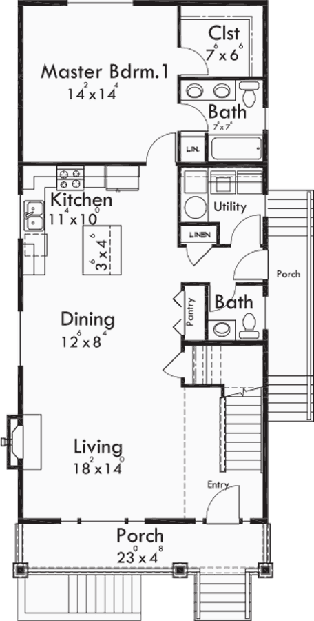 Main Floor Plan for D-594 Multigenerational house plans, two master suite house plans, house plans with apartment, ADU house plans