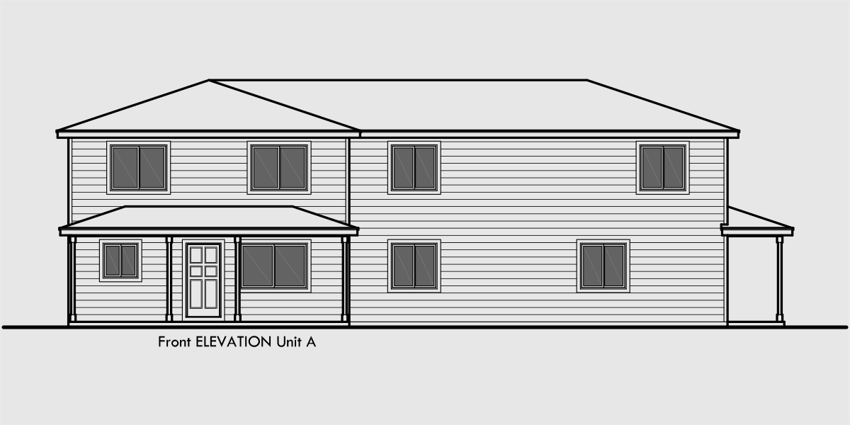 House front drawing elevation view for D-561 Duplex house plans, corner lot duplex house plans, D-561