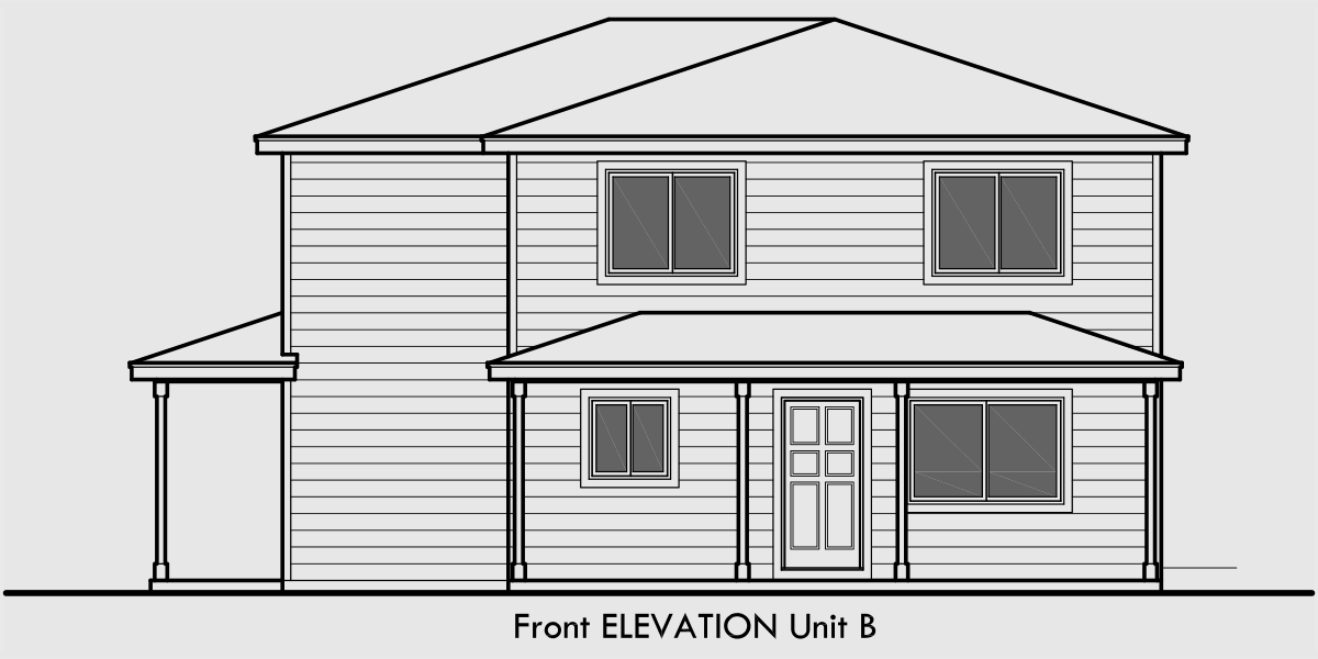 House side elevation view for D-561 Duplex house plans, corner lot duplex house plans, D-561
