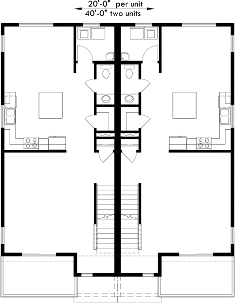 Main Floor Plan 2 for D-585 Townhouse Plans, Row House Plans, 4 Bedroom Duplex House Plans