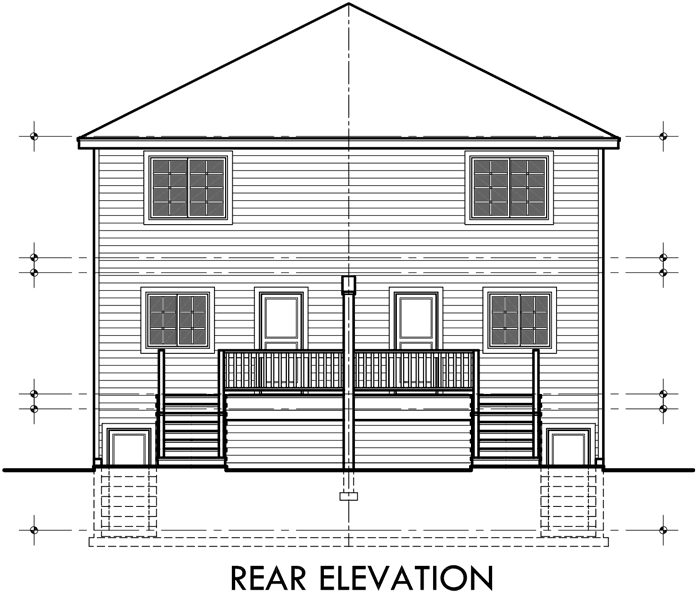 House front drawing elevation view for D-445 Duplex house plans, brownstone house plans, D-445