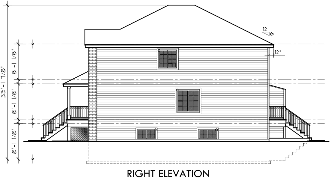 House side elevation view for D-445 Duplex house plans, brownstone house plans, D-445