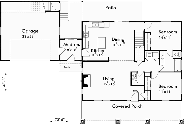 Main Floor Plan for 10142 Country House Plan, Carriage Garage, Master Bedroom on Main Floor