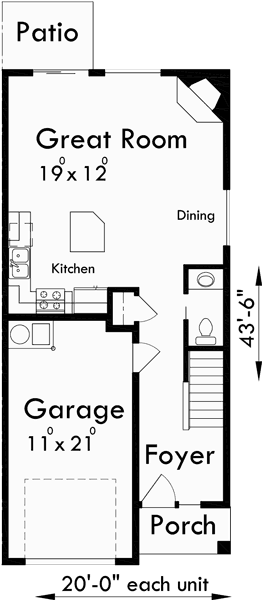 Main Floor Plan for D-508 4 bedroom duplex house plans, town house plans, D-508