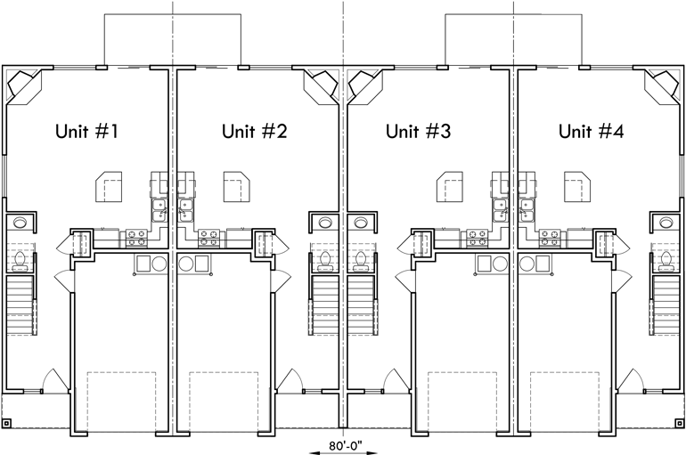 Main Floor Plan 2 for F-563 4 plex building plans, 4 bedroom house plans, row house plans, F-563