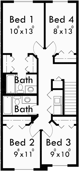 Upper Floor Plan for F-563 4 plex building plans, 4 bedroom house plans, row house plans, F-563
