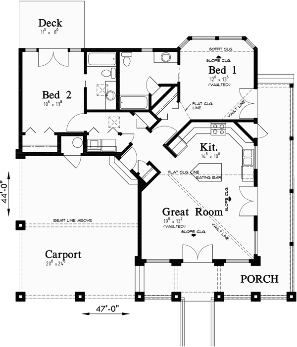 Main Floor Plan for 1185 Beach House Plan w/ wrap around porch