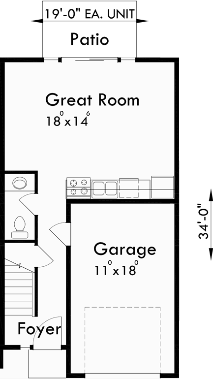 Main Floor Plan for D-503 Narrow lot duplex house plans, 2 bedroom duplex house plans, affordable duplex floor plans, D-503