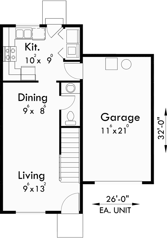 Main Floor Plan for D-512 Duplex house plans, duplex house plans with garage, small duplex house plans, two story duplex house plans, D-512