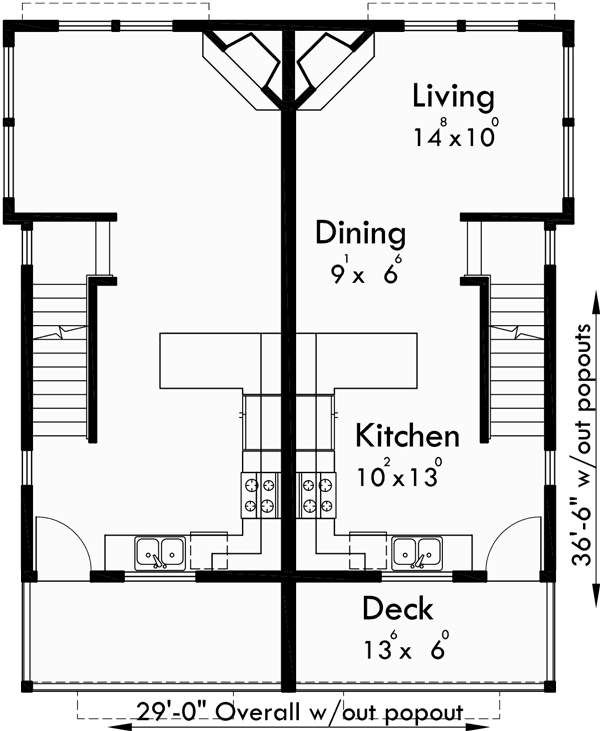 Main Floor Plan for D-547 Narrow townhouse plans, duplex house plans, 3 story townhouse plans, D-547