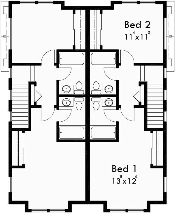 Upper Floor Plan for D-547 Narrow townhouse plans, duplex house plans, 3 story townhouse plans, D-547