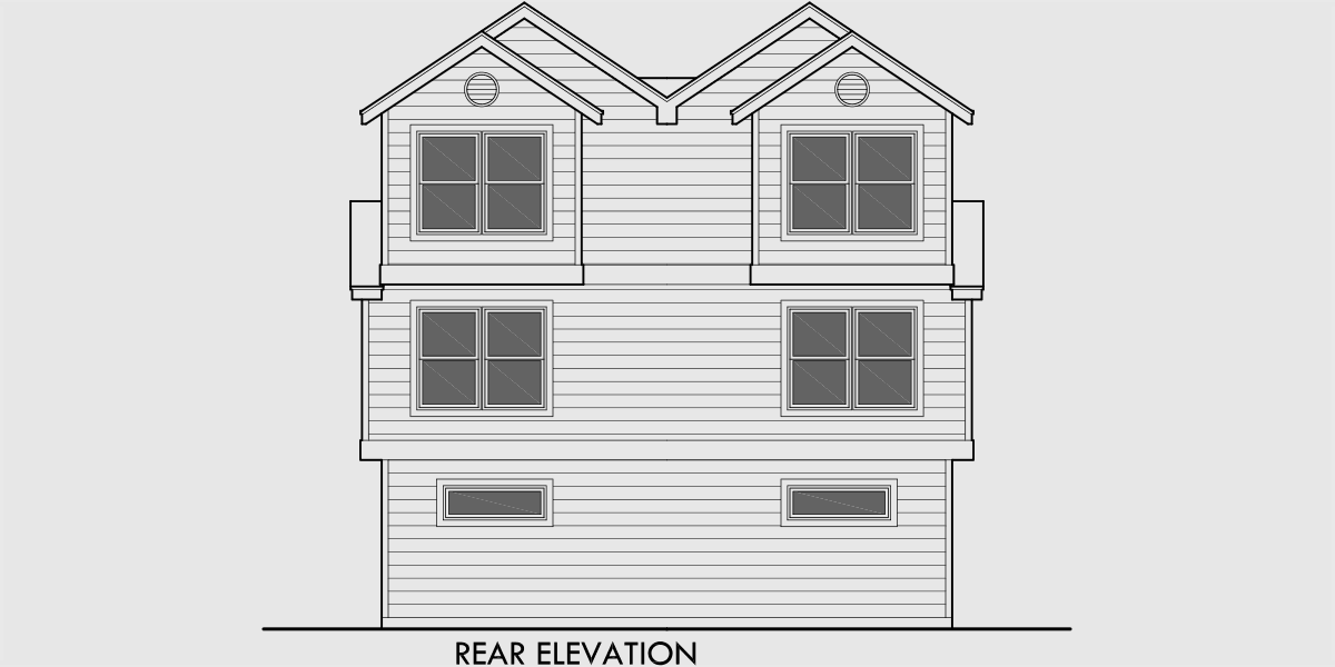 House rear elevation view for D-547 Narrow townhouse plans, duplex house plans, 3 story townhouse plans, D-547