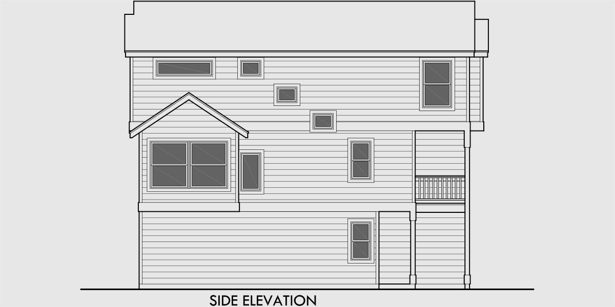 House side elevation view for D-547 Narrow townhouse plans, duplex house plans, 3 story townhouse plans, D-547