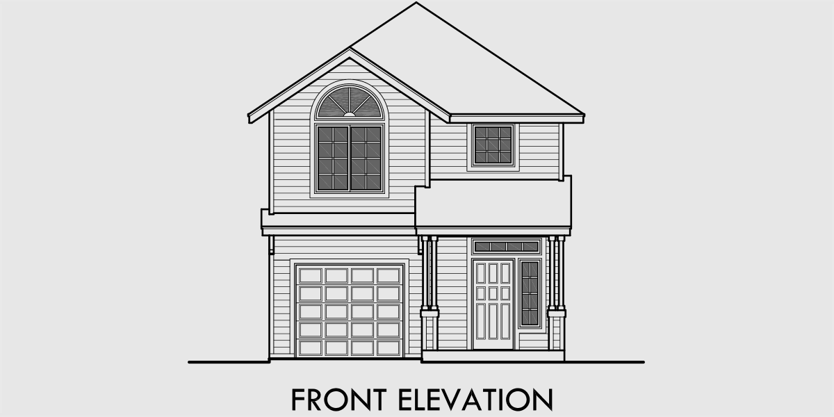 House front drawing elevation view for 10158 Narrow House Plan at 22 feet wide with open Living area 3 bedroom 2.5 baths 1 car garage hip and gable roofs