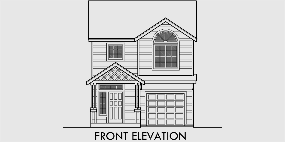 House front drawing elevation view for 10159 Narrow Lot House Plan at 22 feet wide with open Living area 3 bedroom 2.5 baths 1 car garage gable roofs