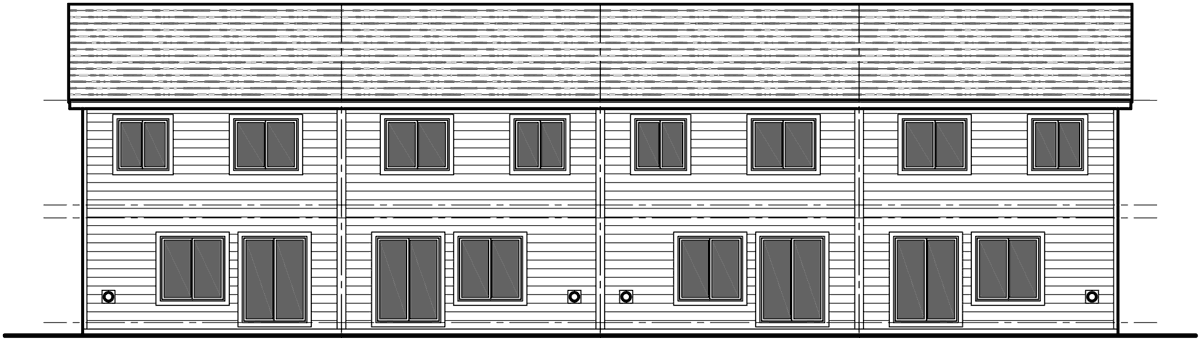 House front drawing elevation view for F-547 Fourplex plans, 20 ft wide house plans, row home plans, 4 plex plans with garage, F-547