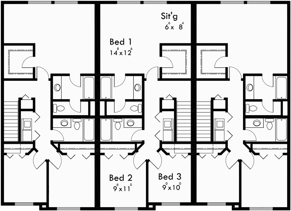 Upper Floor Plan for T-400 Triplex  house plans, triplex plans with garage, 20 ft wide house plans, T-400