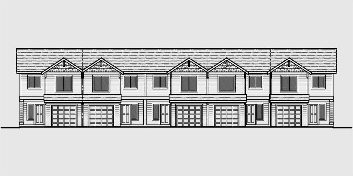 House front drawing elevation view for FV-557 5 unit house plan 20ft wide 3 bedrooms 2.5 baths and garage