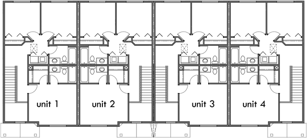 Upper Floor Plan 2 for Four plex house plans, best selling floor plans, narrow lot townhouse plans, F-564