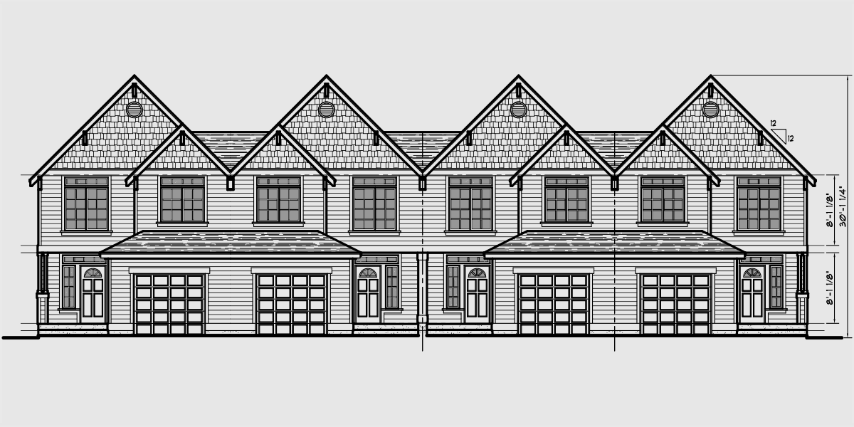 House side elevation view for F-565 Fourplex house plans, daylight basement house plans, F-565, row house, townhouse