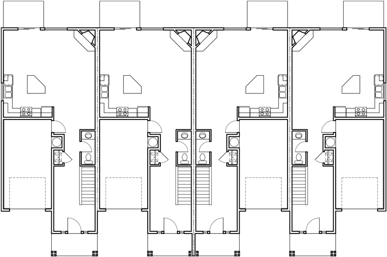 Main Floor Plan 2 for F-566 Fourplex house plans, 2 story townhouse, 3 bedroom townhouse, 4 plex plans with garage, F-566