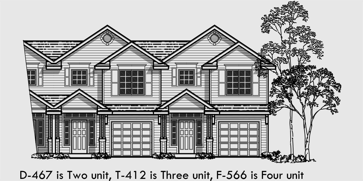 F-566 Fourplex house plans, 2 story townhouse, 3 bedroom townhouse, 4 plex plans with garage, F-566