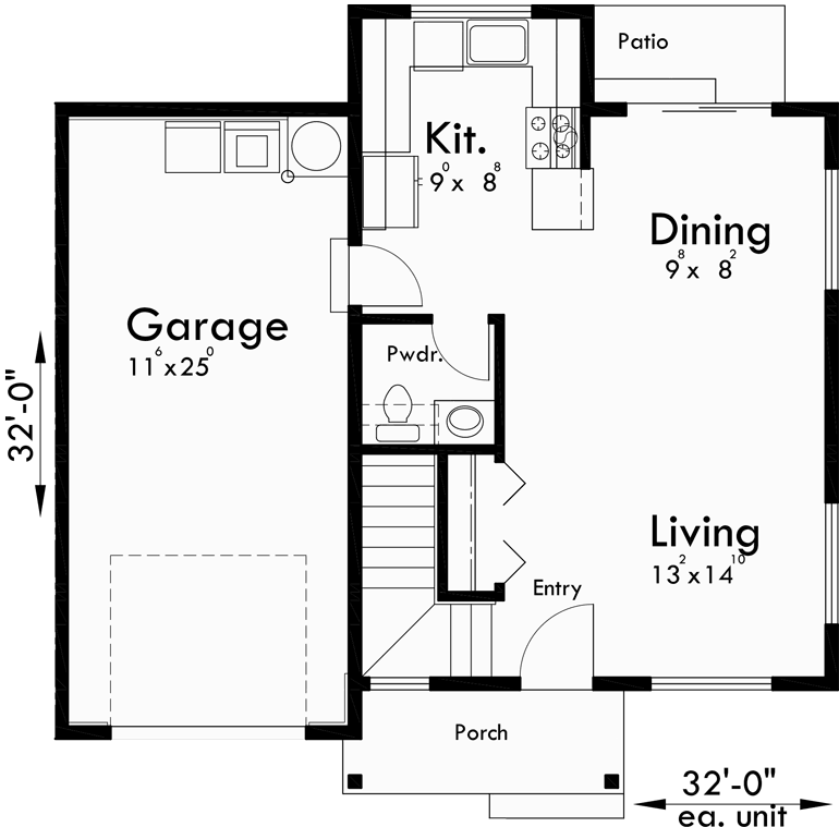Main Floor Plan for D-597 Duplex house plans, duplex plans with garages together, 3 bedroom duplex plans, Seattle house plans, D-597