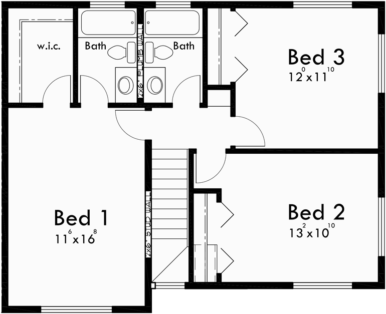 Upper Floor Plan for D-597 Duplex house plans, duplex plans with garages together, 3 bedroom duplex plans, Seattle house plans, D-597
