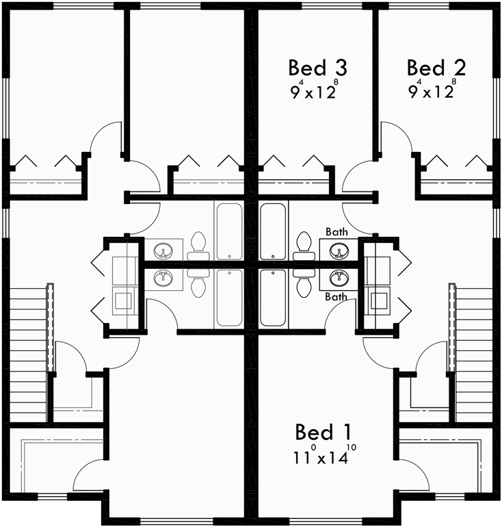 Upper Floor Plan for D-598 Duplex house plans, Seattle house plans, Duplex plans with garage, 3 Bedroom Duplex Plans, D-598