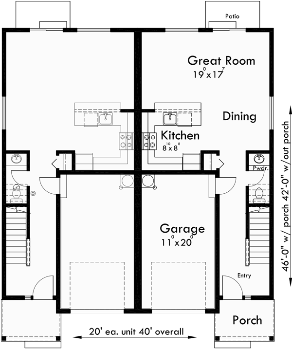 Main Floor Plan for D-598 Duplex house plans, Seattle house plans, Duplex plans with garage, 3 Bedroom Duplex Plans, D-598