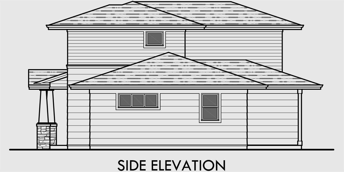 House rear elevation view for 10160 Modern Prairie house plans, Hood River house plans, Master bedroom on main floor, 10160