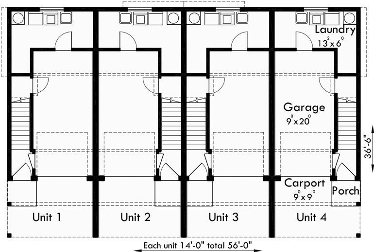 Lower Floor Plan for F-556 Quadplex plans, narrow lot house plans, row house plans, 4 plex plans, F-556
