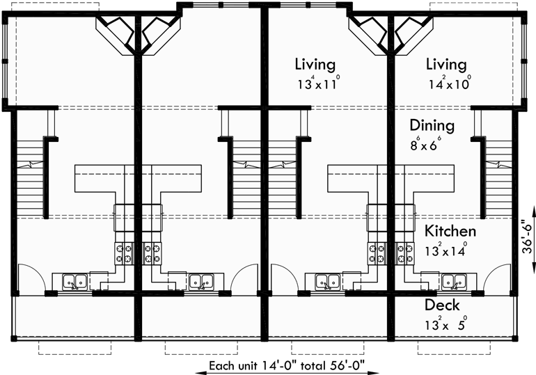 Main Floor Plan for F-556 Quadplex plans, narrow lot house plans, row house plans, 4 plex plans, F-556