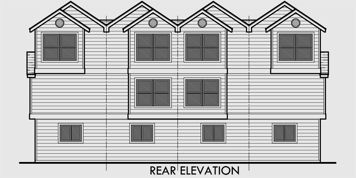 House side elevation view for F-556 Quadplex plans, narrow lot house plans, row house plans, 4 plex plans, F-556